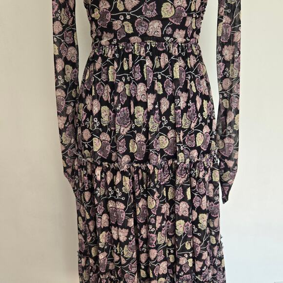 Cinq a Sept Kourt Midi Dress Printed Victorian High Neck Black Women 0 FLAWED - Picture 9 of 14